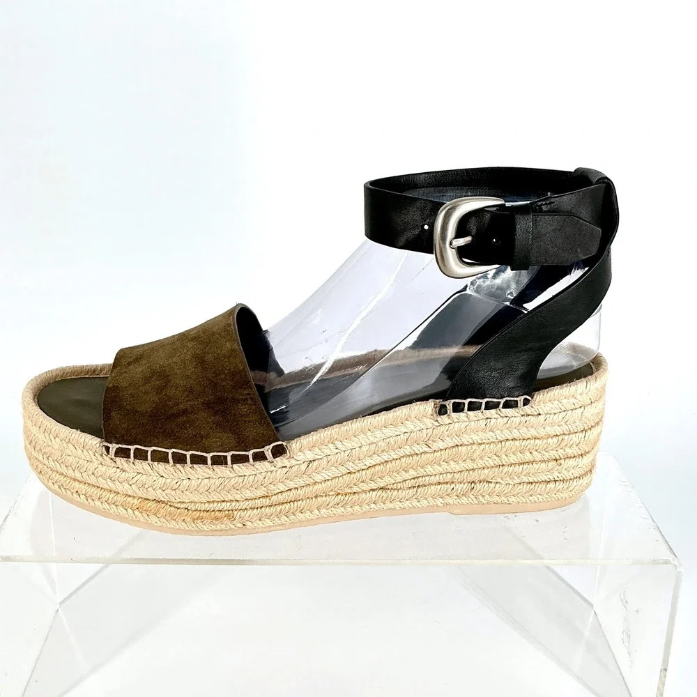 Vince Size 10 Olive Suede Black Leather Platform Espadrille NEW Sandals $330